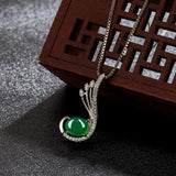 Green Jade Feather Pendant 925 Silver Necklace Chinese Carved Charm Jewelry