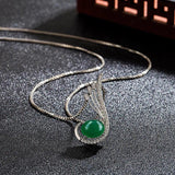 Green Jade Feather Pendant 925 Silver Necklace Chinese Carved Charm Jewelry
