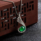 Green Jade Feather Pendant 925 Silver Necklace Chinese Carved Charm Jewelry