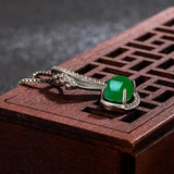 Green Jade Feather Pendant 925 Silver Necklace Chinese Carved Charm Jewelry