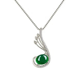 Green Jade Feather Pendant 925 Silver Necklace Chinese Carved Charm Jewelry