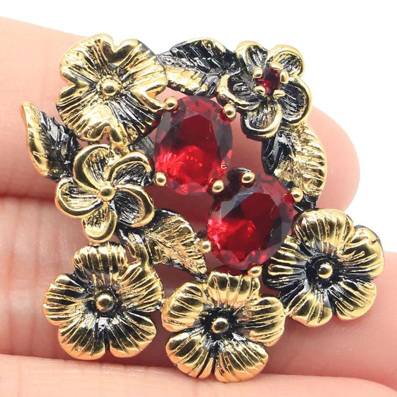 Bohemia Flowers Rhodolite Garnet Red Ruby Silver Pendant Woman Gothic