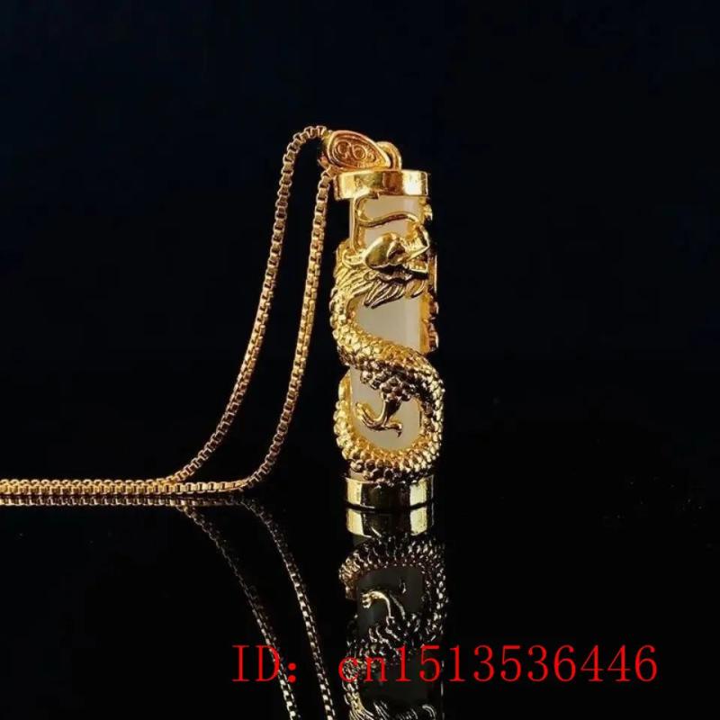 Green Jade Dragon Pillar Pendant 925 Silver Necklace