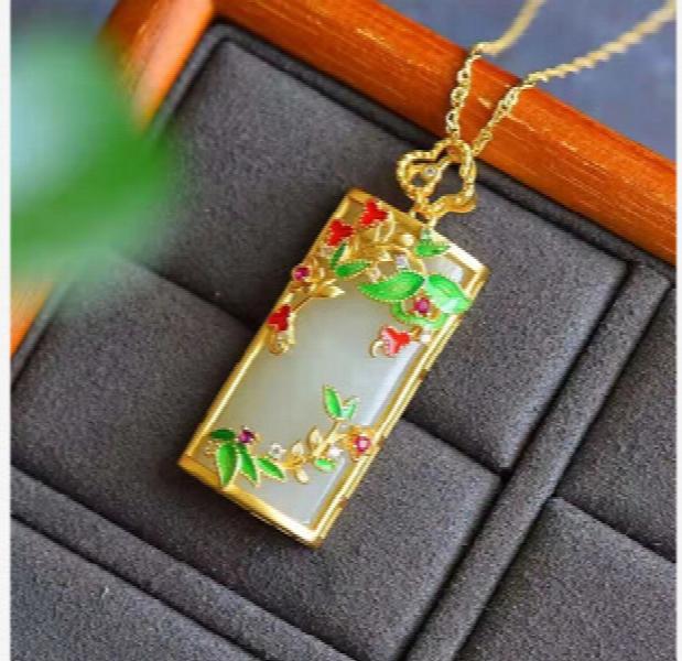 Ancient Style Copper Gilded Inlaid Pendant Hetian Jade Necklace