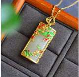 Ancient Style Copper Gilded Inlaid Pendant Hetian Jade Necklace