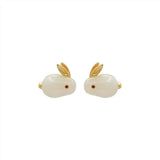 Hetian Jade Hare Rabbit Stud Earrings 925 Silver Animal Jade Earrings