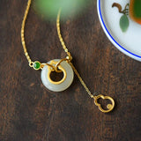 Natural Hetian Jade Gourd Peace Buckle Necklace Pendant S925 Sterling Silver