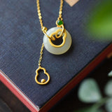 Natural Hetian Jade Gourd Peace Buckle Necklace Pendant S925 Sterling Silver