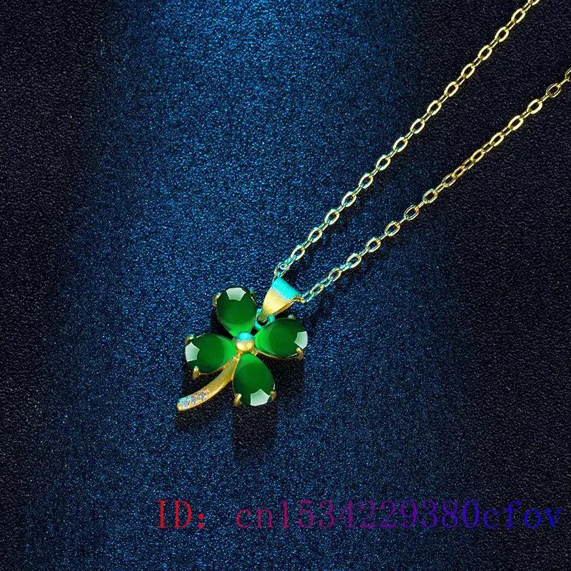 Green Jade Clover Pendant Necklace 925 Silver Chalcedony