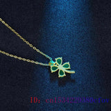 Green Jade Clover Pendant Necklace 925 Silver Chalcedony