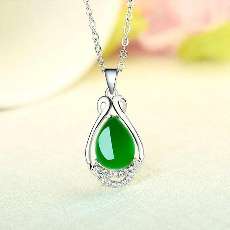 Green Jade Chalcedony Water Drop Pendant Necklace