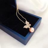 14k Gold-plated Butterfly Necklace with Micro-diamond & Freshwater Pearl