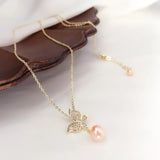 14k Gold-plated Butterfly Necklace with Micro-diamond & Freshwater Pearl