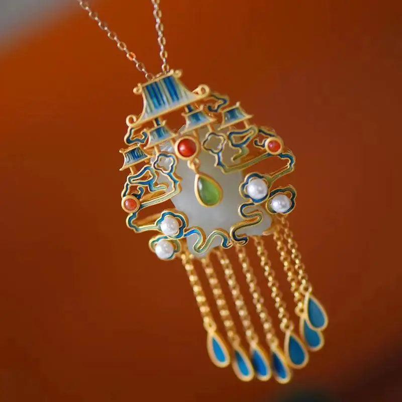 Hetian Jade Necklace Retro Chinese Ethnic Nantianmen Court Pendant