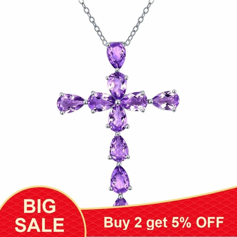 Purple CZ Zircon Cross Choker Necklace 925 Sterling Silver Fine Jewelry