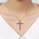 Purple CZ Zircon Cross Choker Necklace 925 Sterling Silver Fine Jewelry