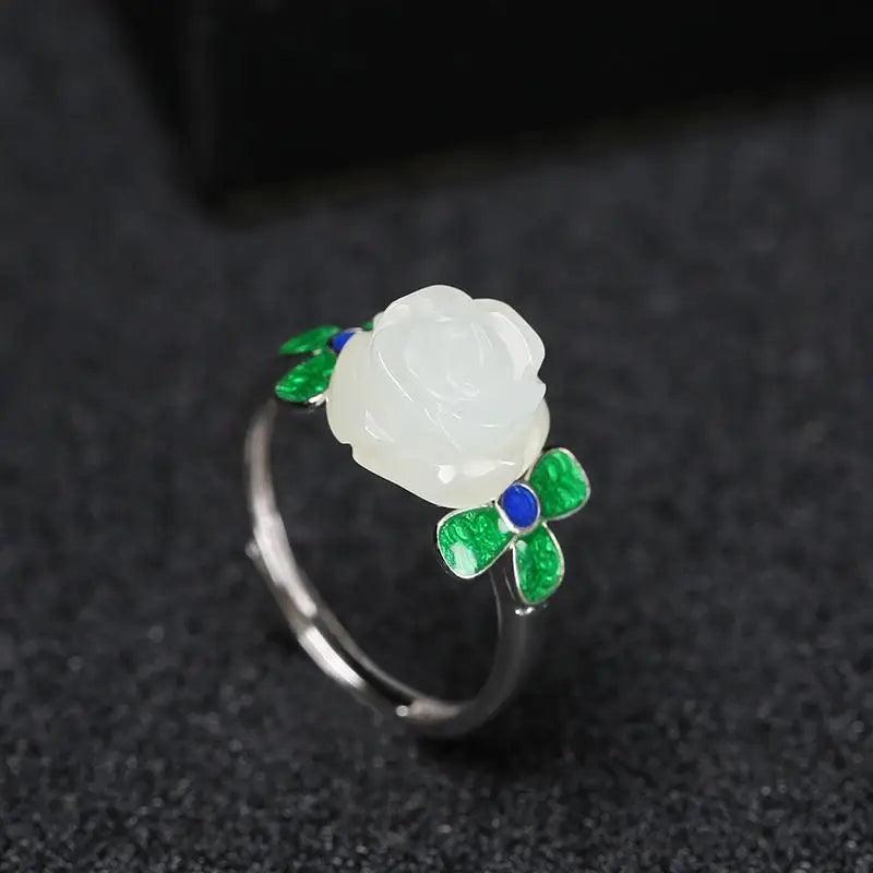 Natural Hetian Jade Rose Ring 925 Sterling Silver for Women