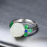 Natural Hetian Jade Rose Ring 925 Sterling Silver for Women