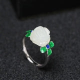 Natural Hetian Jade Rose Ring 925 Sterling Silver for Women