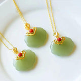 Hetian Jade Lock of Good Wishes Pendant S925 Silver Gilding Inlaid Lucky
