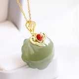 Hetian Jade Lock of Good Wishes Pendant S925 Silver Gilding Inlaid Lucky