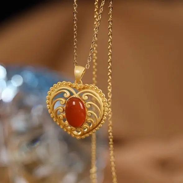 Red Agate Heart-Shaped Necklace for Mom