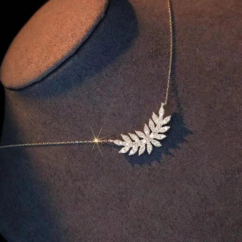 Leaf Pendant Necklace Crystal CZ Wedding Jewelry