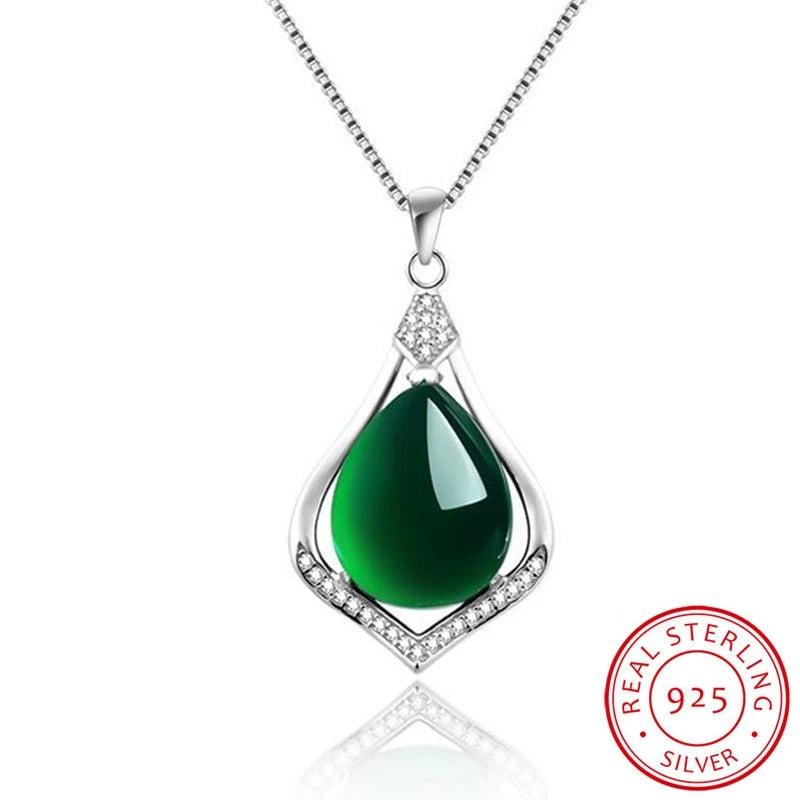Green Crystal Pendant Necklace 925 Silver Choker Emerald Pendant