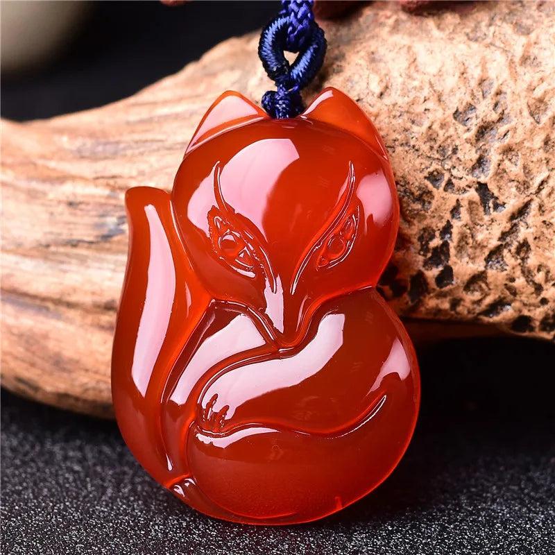 Red Agate Hand-Engraved Fox Pendant Lucky Amulet