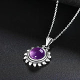 Amethyst Necklace Sterling Silver Vintage Style Sun Shaped Pendant