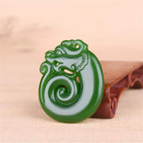 Green Jade Dragon Pendant Necklace Chinese Double-sided Carved Jadeite