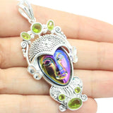 Rainbow Titanium Quartz Goddess Face Green Peridot Aquamarine Silver Pendant