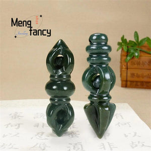 Hetian Green Jade Vajra Pestle Pendant Necklace Amulet