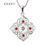 925 Silver Zircon Flower Charm Pendant Necklace with 4 Red Zircons