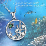 Sterling Silver Sea Turtle Pendant Necklace with Green Enamel Craft Pearls