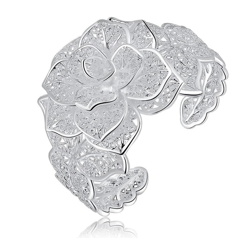 925 Silver Flower Bracelet Bangle For Women