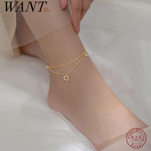 925 Silver CZ Zircon Round Pendant Chain Anklet for Women