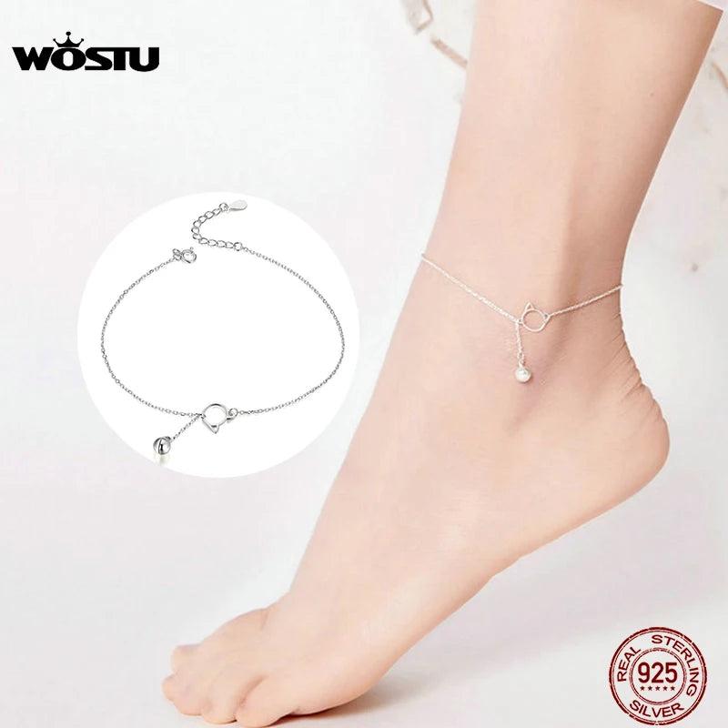 925 Silver Cat Anklet Beaded Foot Jewelry for Women Barefoot Sandal Chain