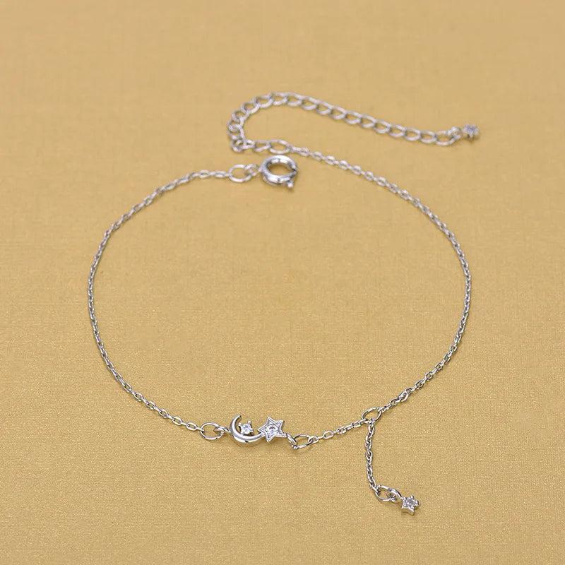 925 Silver Chain Moon Star Anklet for Foot Barefoot Leg Jewelry