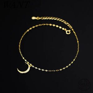 925 Silver Moon Pendant Lip Chain Anklet for Women Beach Party Foot Jewelry