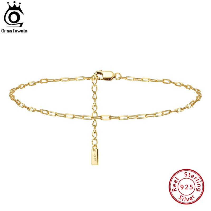 925 Silver Paper Clip Chain Anklet 14K Plated for Women Birthday Gift