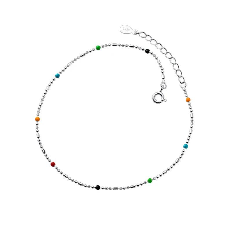 925 Sterling Silver Colorful Bead Chain Anklet for Women
