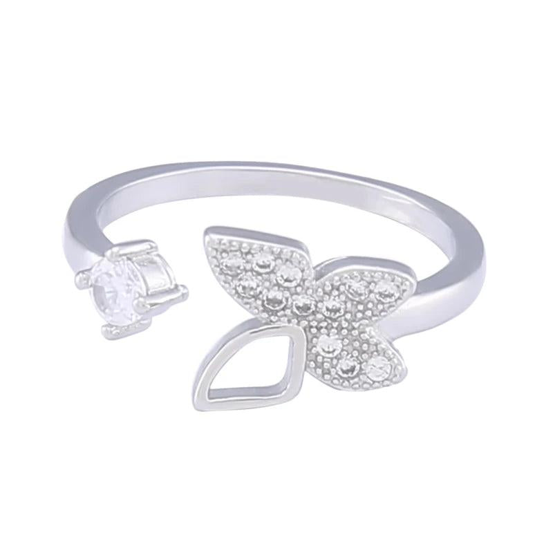 Silver Crystal Butterfly Ring Open Adjustable Finger Ring