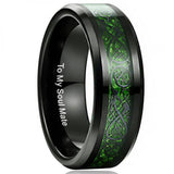 8mm Carbon Fiber Green Zircon Dragon Pattern Ring Tungsten Carbide Wedding Band