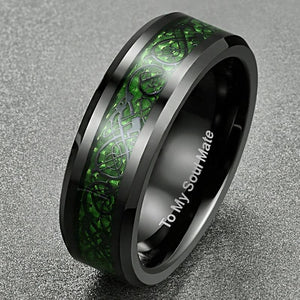 8mm Carbon Fiber Green Zircon Dragon Pattern Ring Tungsten Carbide Wedding Band