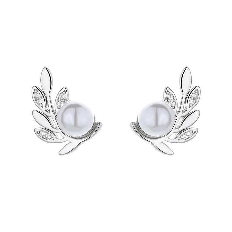 925 Silver Stud Earrings Wedding Leaves CZ Pearl Earring DA2869