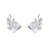 925 Silver Stud Earrings Wedding Leaves CZ Pearl Earring DA2869