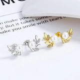 925 Silver Stud Earrings Wedding Leaves CZ Pearl Earring DA2869
