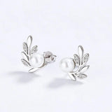 925 Silver Stud Earrings Wedding Leaves CZ Pearl Earring DA2869