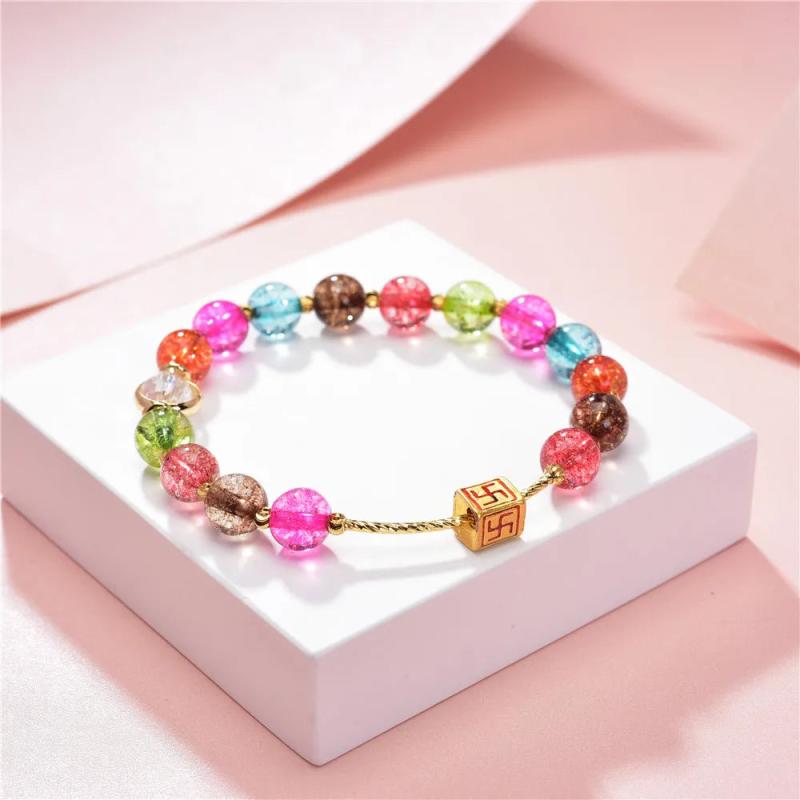Natural Stone Crystal Beads Bracelet 8mm Lucky Charm Bohemian Casual 7.5in